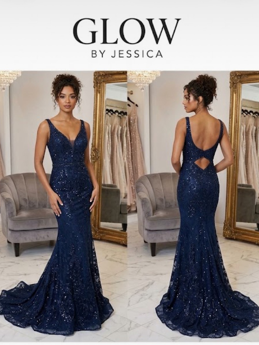 Glow dressy mesh key hole back sleeveless long navy Gown